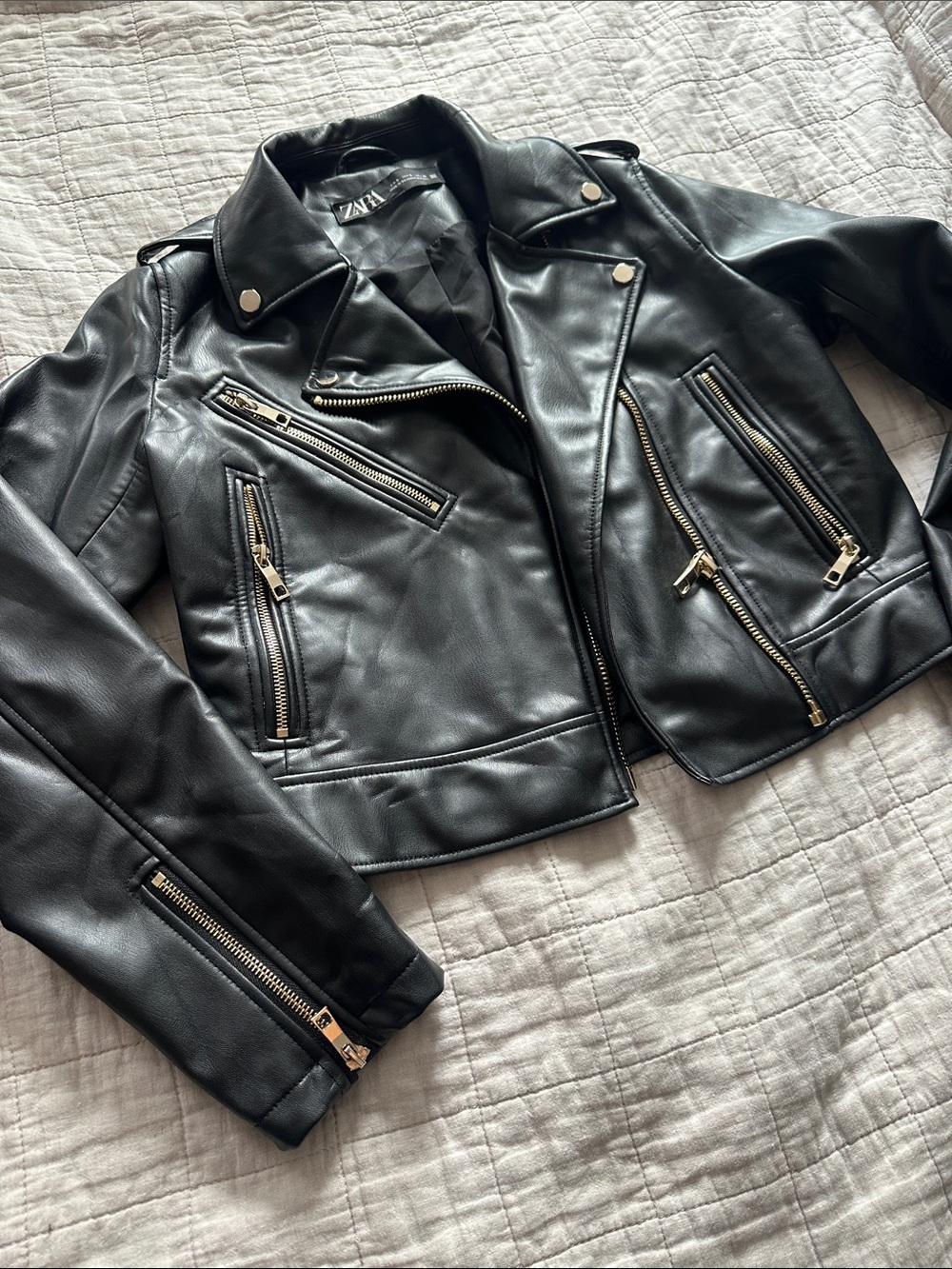 Zara Black Faux Leather Biker Jacket with Gold Hardware